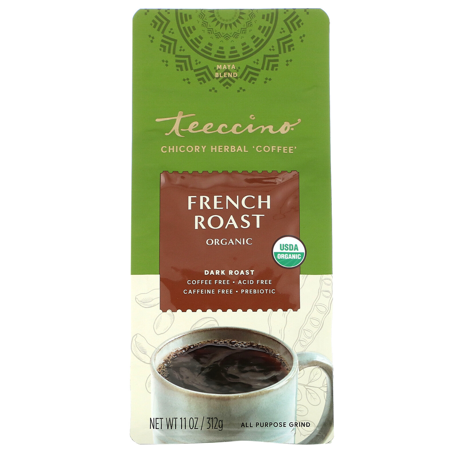 Organic Chicory Herbal Coffee, French Roast, Dark Roast, Caffeine Free, 11 oz
