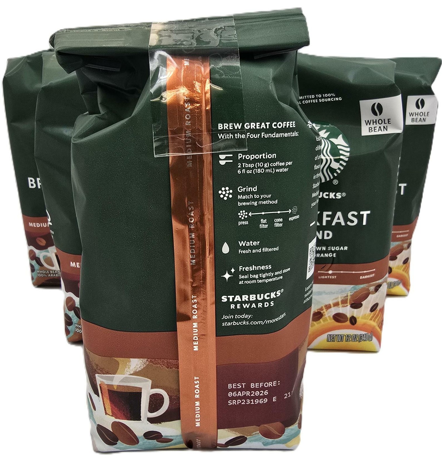 Starbucks Whole Bean Med Roast Coffee Breakfast Blend 3/12oz Bags SEE DESCRIPTIO