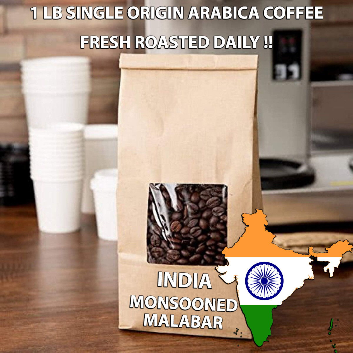1 LB INDIA MONSOONED MALABAR SAMPLE ROASTED COFFEE WHOLE BEAN, GROUND – ARABICA