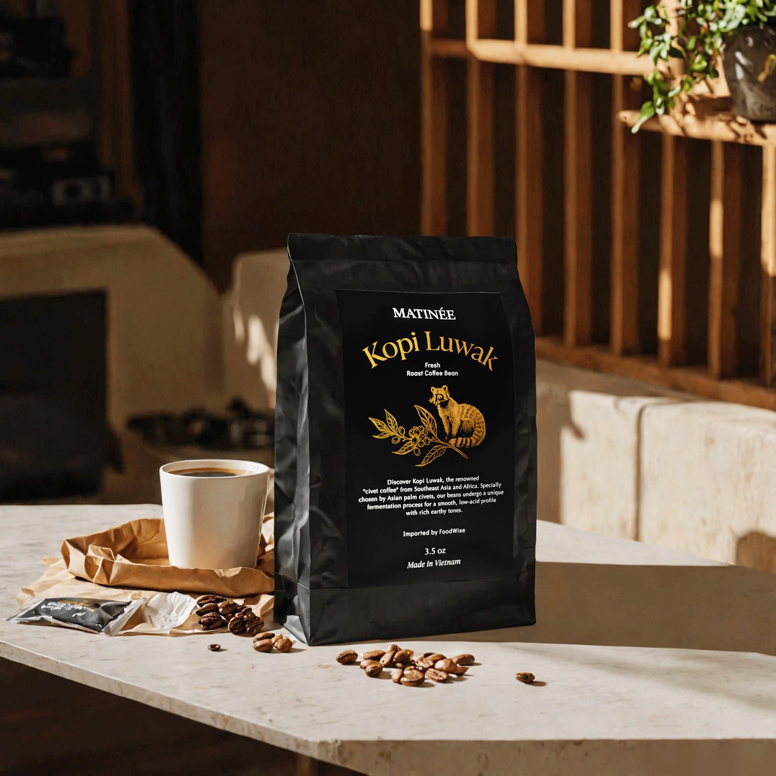 Sustainable Wild Kopi Luwak Coffee Beans, Medium Roast, 8.8oz / 250g