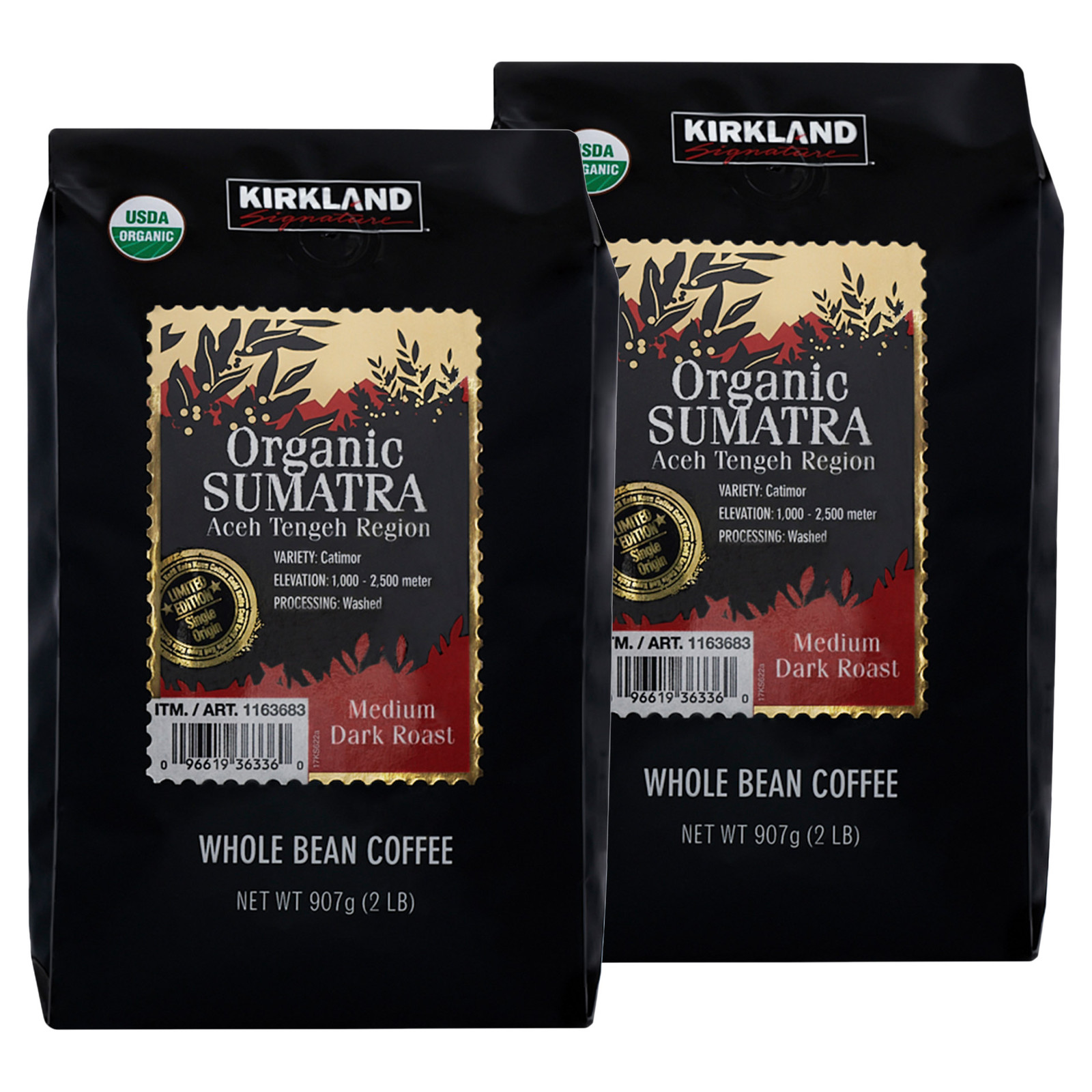 Kirkland Signature Organic Sumatra Whole Bean Coffee, 2 Lbs Per Bag, 2-Pack