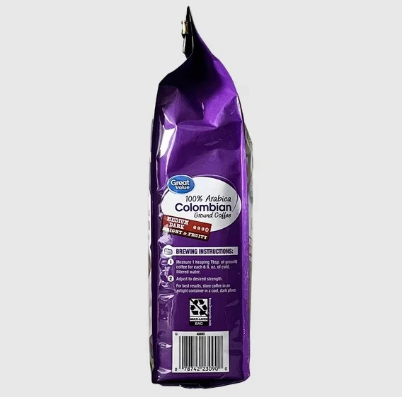 Great Value 100% Arabica Colombian Medium-Dark Roast Ground Coffee, 12 oz, Bag