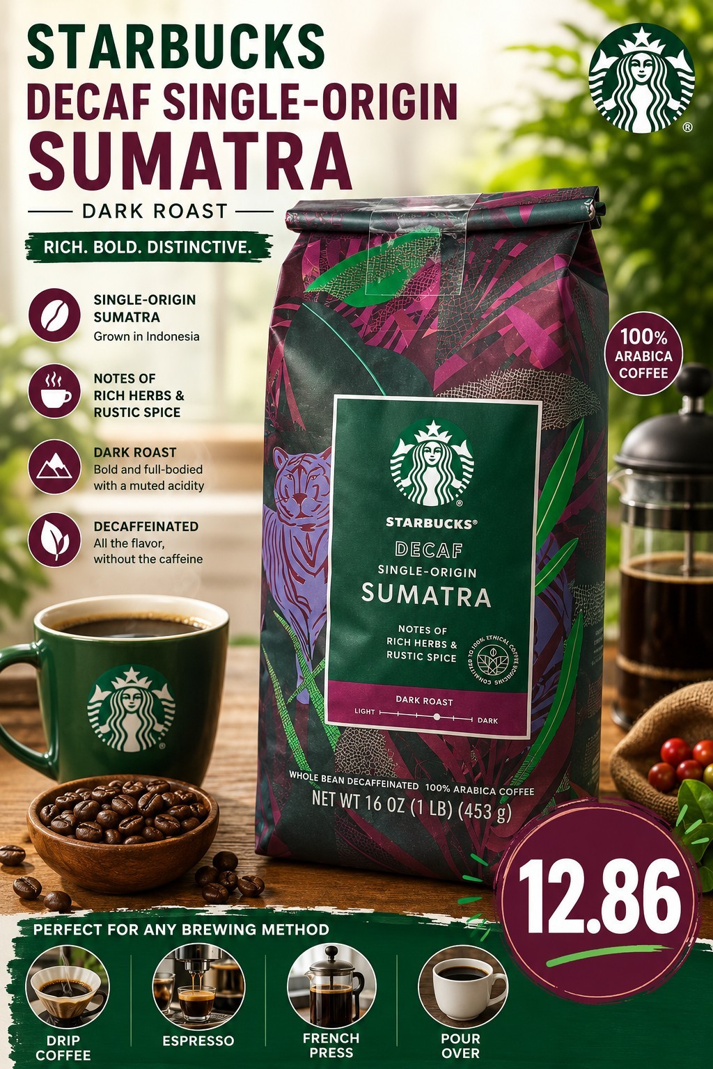 Starbucks Decaf Single-Origin Sumatra Darkroast WholeBean Coffee 1lb / 16oz Bag