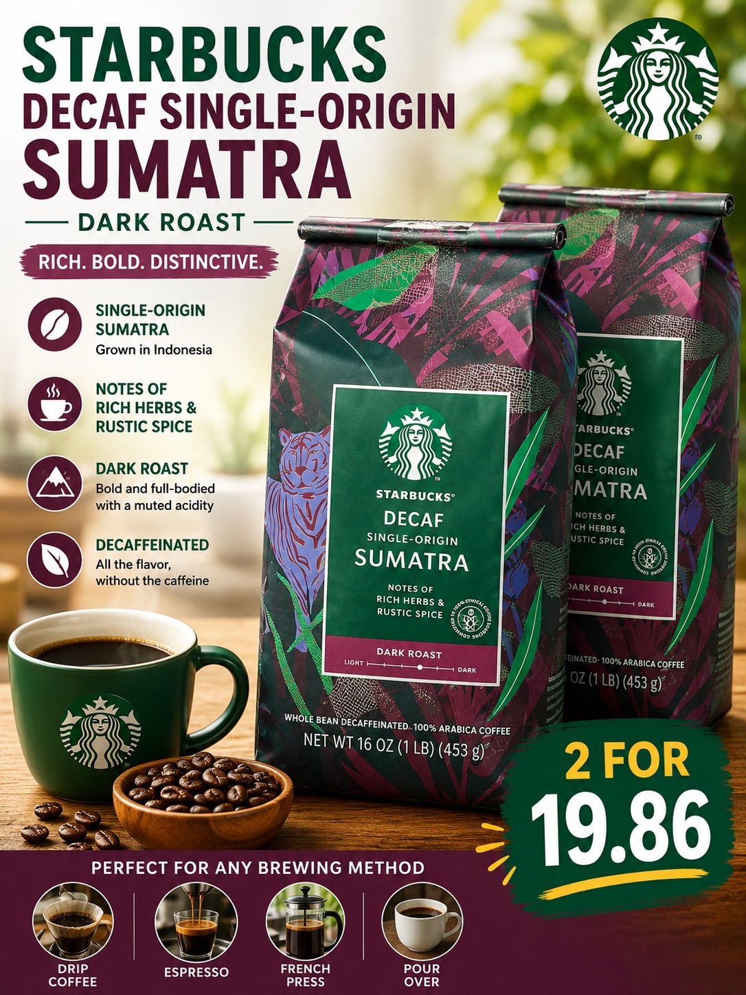 Lot Of 2Starbucks Decaf Single-Origin Sumatra Dark Roast Whole Bean Coffee 16 oz
