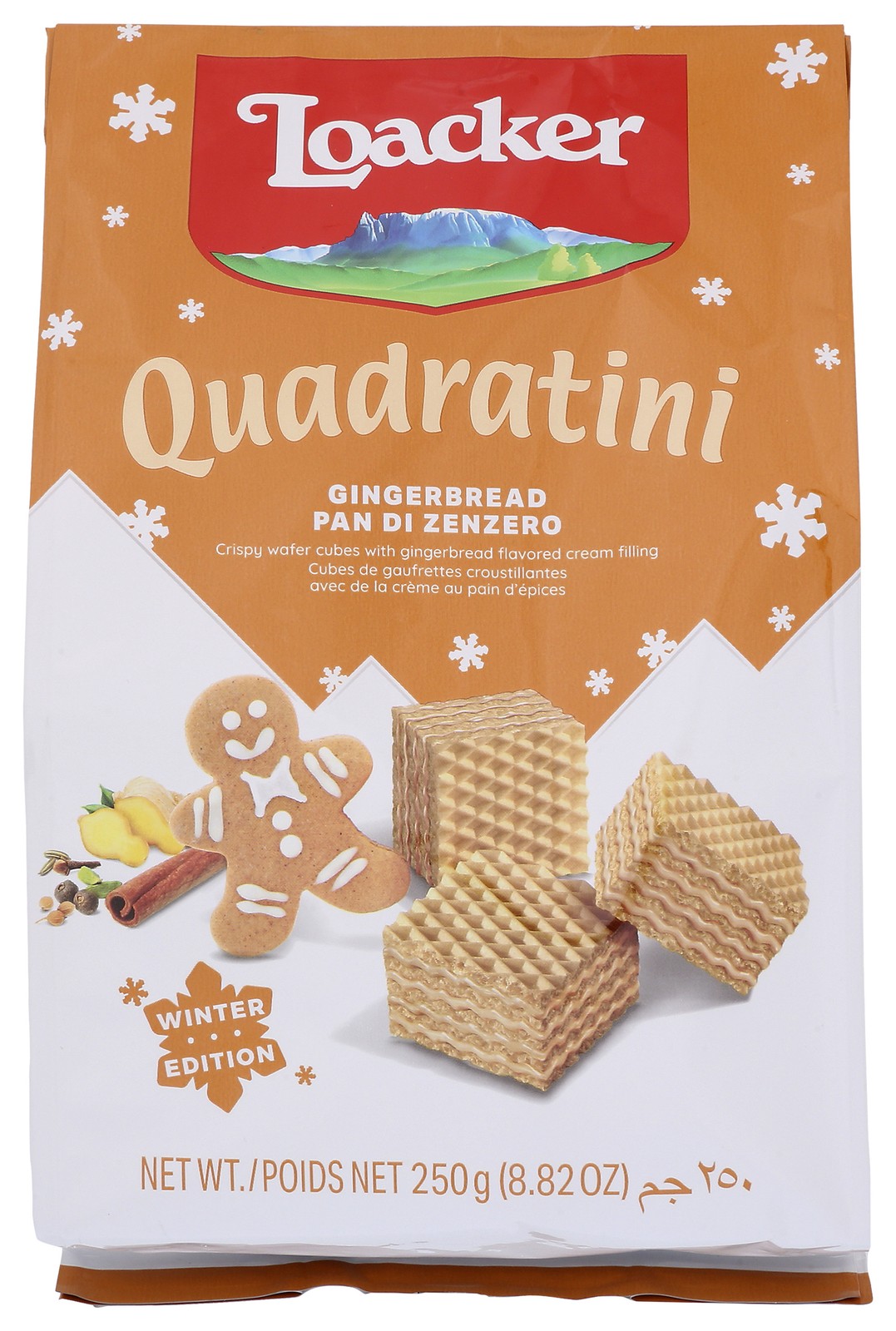 Loacker Gingerbread Flavor Quadratini Wafer Cubes 250G 8.82 Oz 6 Pack