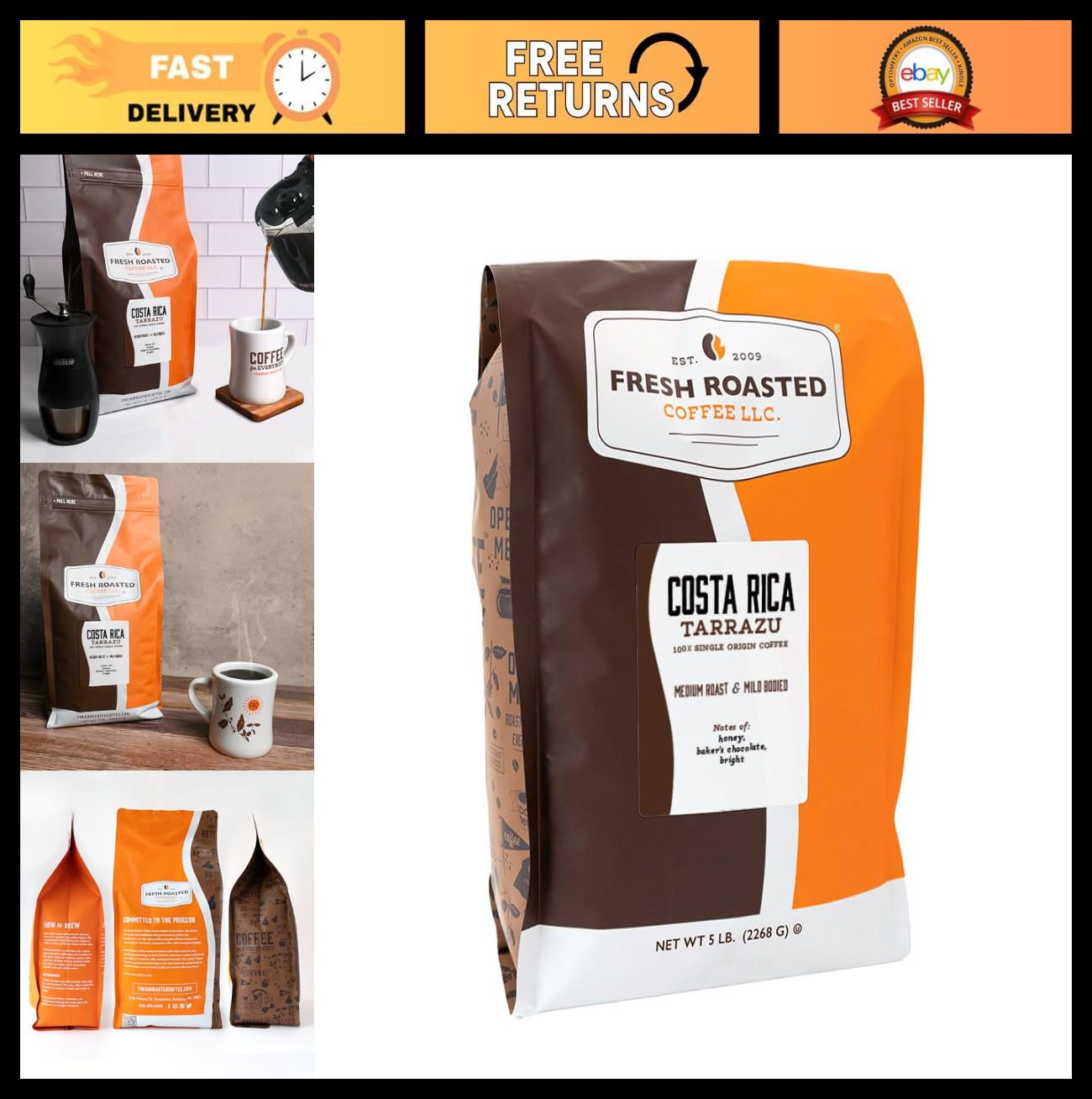 100% Costa Rican Tarrazu Coffee, Fresh Roasted Medium Roast, 5 lb Whole Bean, Ko