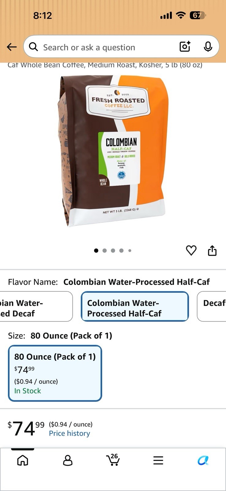 100% Colombian Natural Decaf Medium Roast Kosher Whole Bean Coffee 5 lb Bag Box