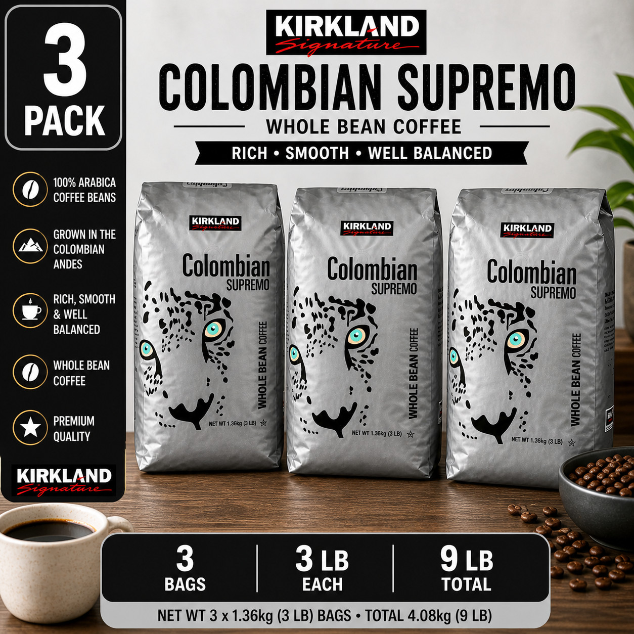 3-Pack Kirkland Signature Colombian Supremo Coffee, Whole Bean, 3 lbs