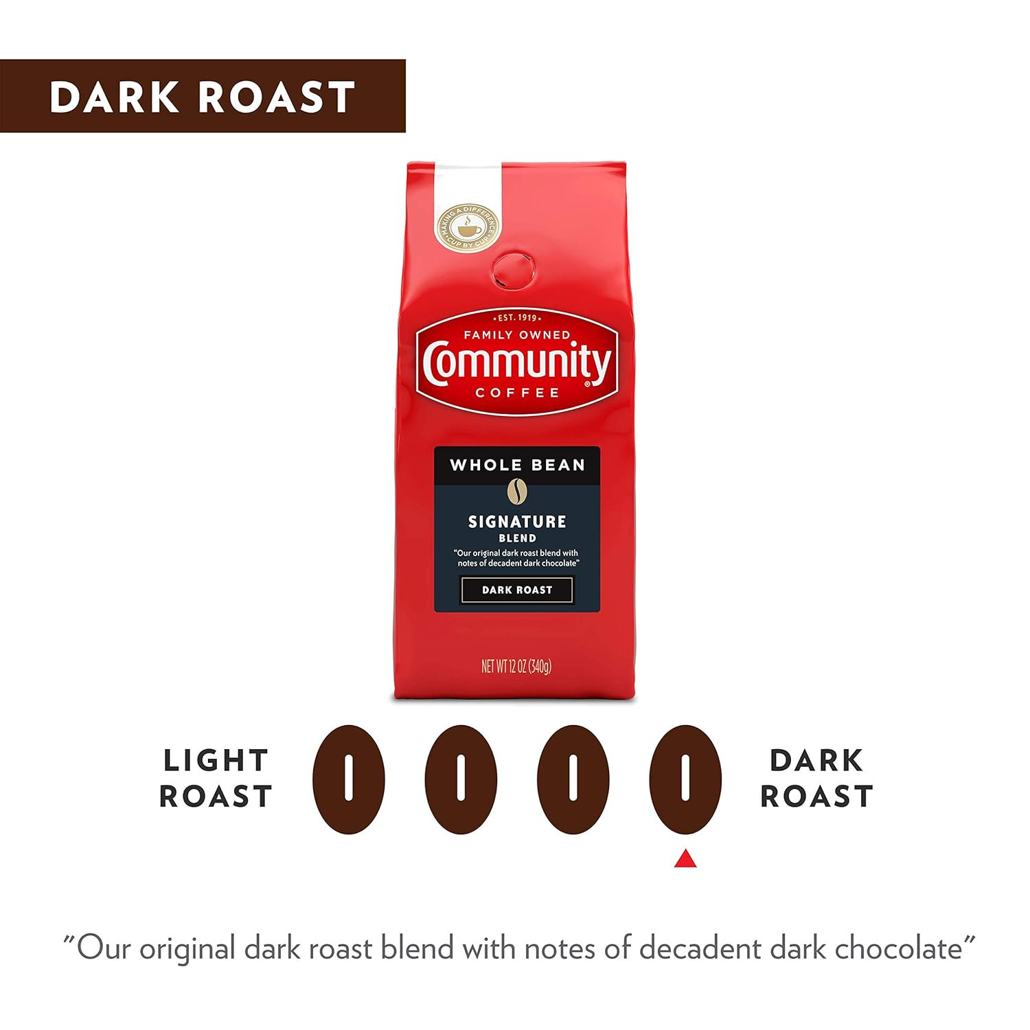 Community Coffee Signature Blend Whole Bean Coffee, Dark Roast, 12 Oz Bag (Pack