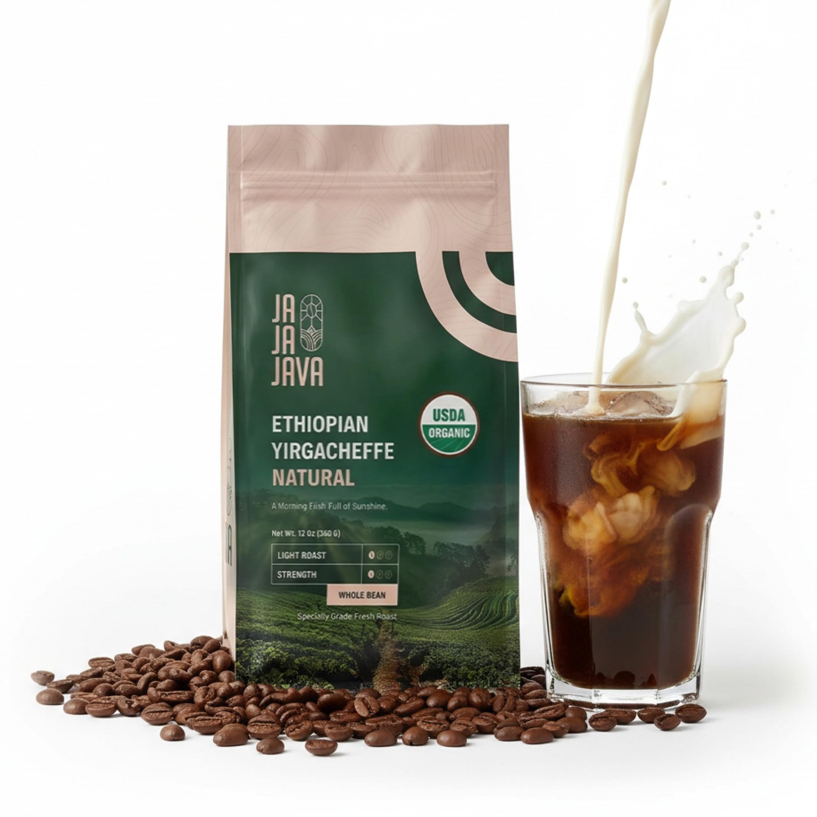 JaJa Java Ethiopian Yirgacheffe Natural Whole Bean Coffee, Light Roast, 12 Ou…