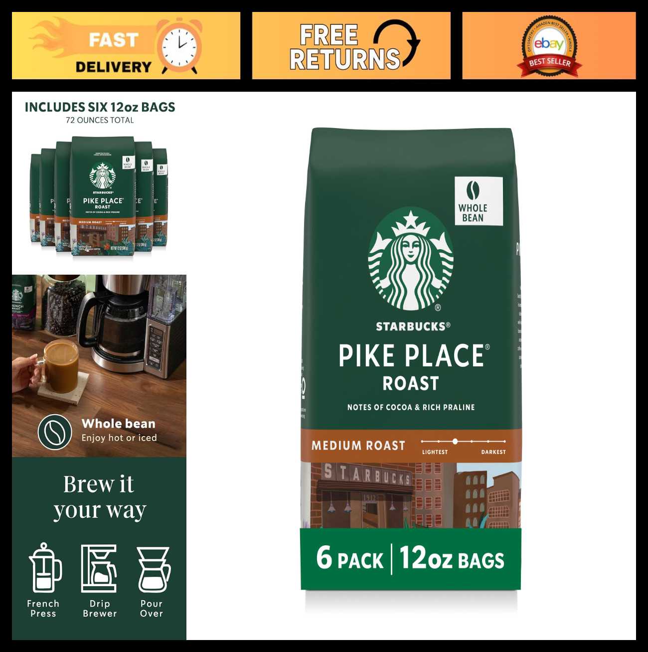 Medium Roast Whole Coffee Beans for Hot/Iced Coffee – Pike Place, 6 x 12oz Bags