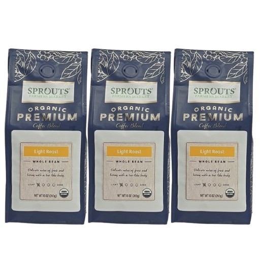 3-PACK Sprouts Organic Premium Coffee Blend Light Roast Whole Bean 10oz BB JUL26