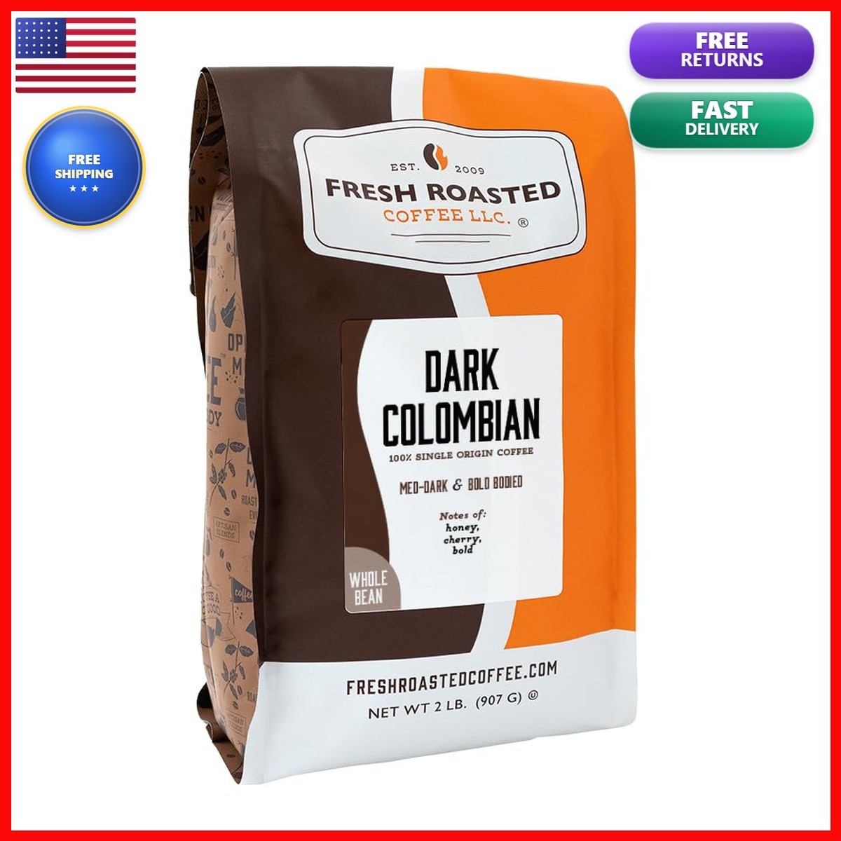 Fresh Roasted Coffee, 100% Dark Colombian Whole Bean Coffee, Med-Dark Roast
