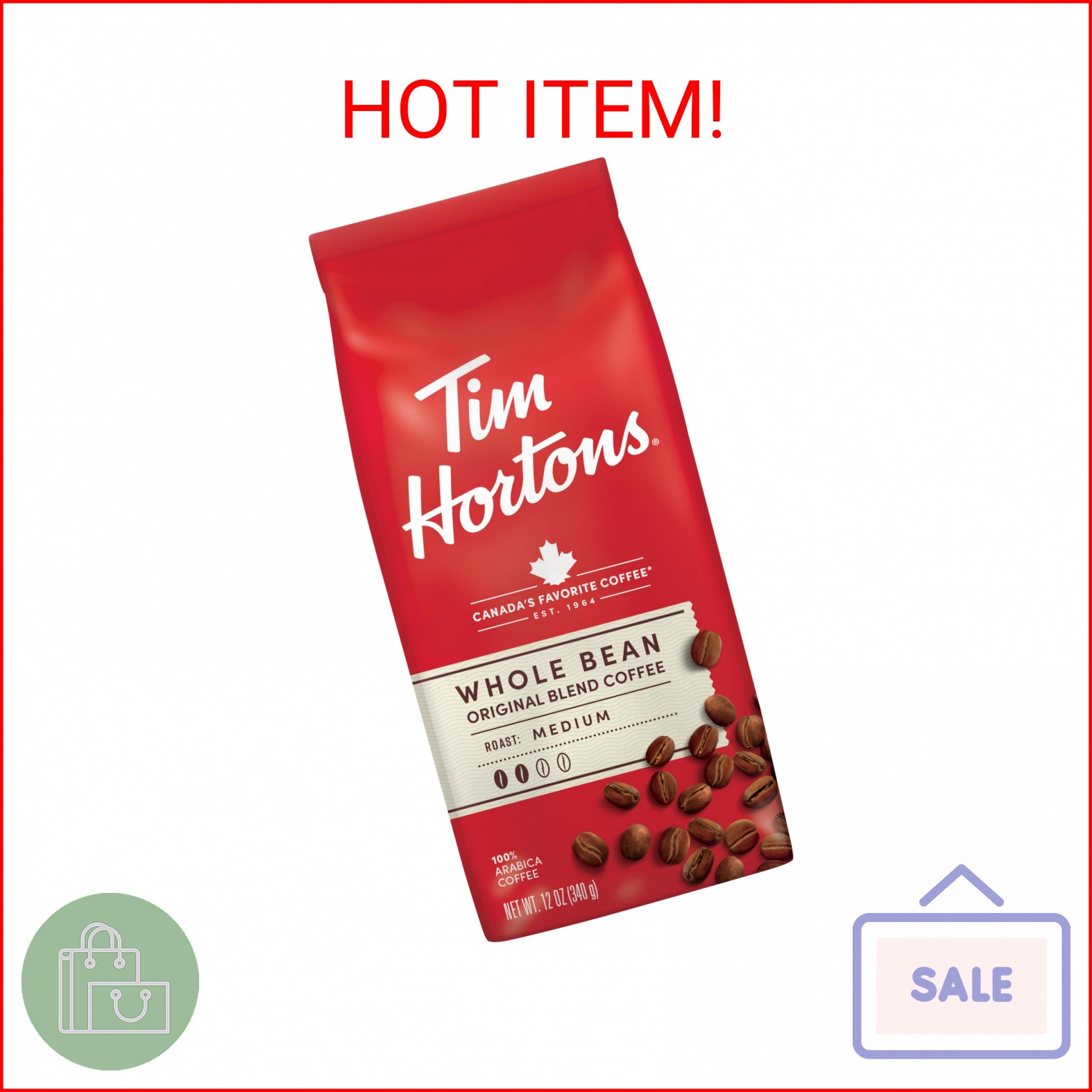 Tim Hortons Whole Bean Original, Medium Roast Coffee, Made with 100% Arabica Bea
