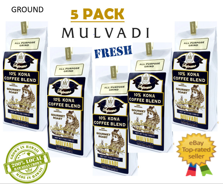 5 PACK- Mulvadi 10% KONA BLEND ALL PURPOSE GRIND – 7oz GROUND – Hawaii Coffee