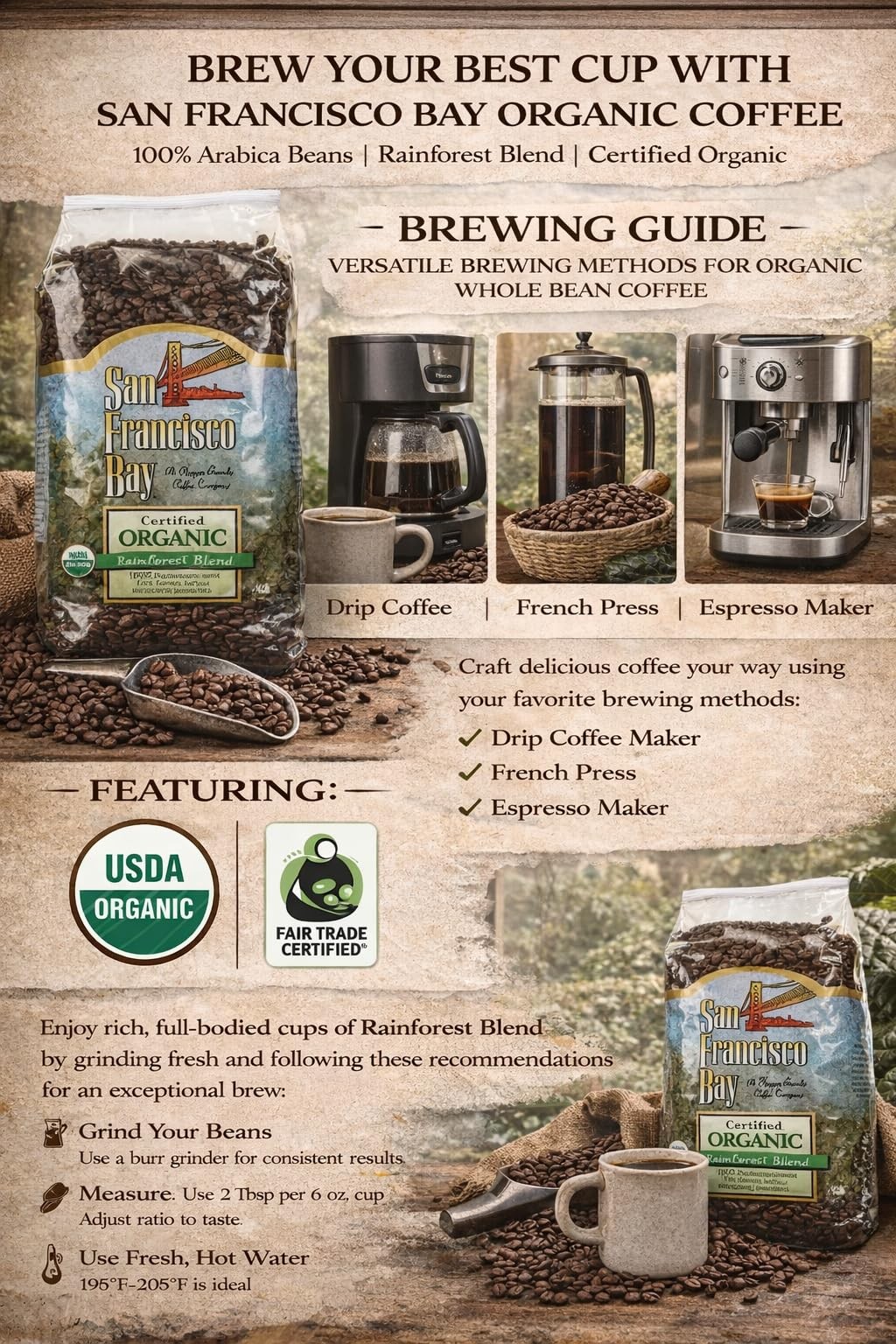 San Francisco Bay 100% Organic Coffee Rainforest Blend Whole Bean 3 Lbs