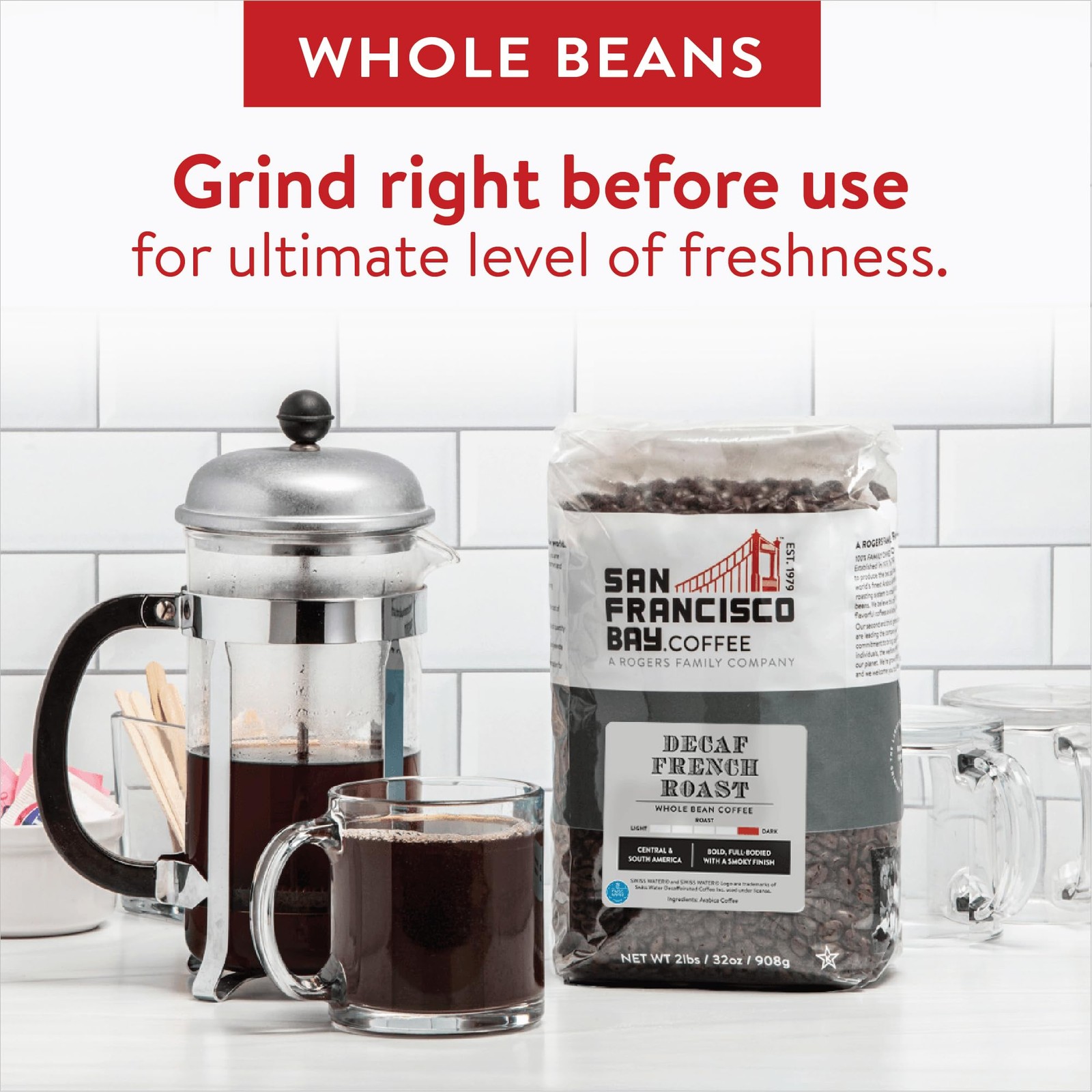 San Francisco Bay Whole Bean Coffee – DECAF French Roast (2lb Bag), Dark Roast,