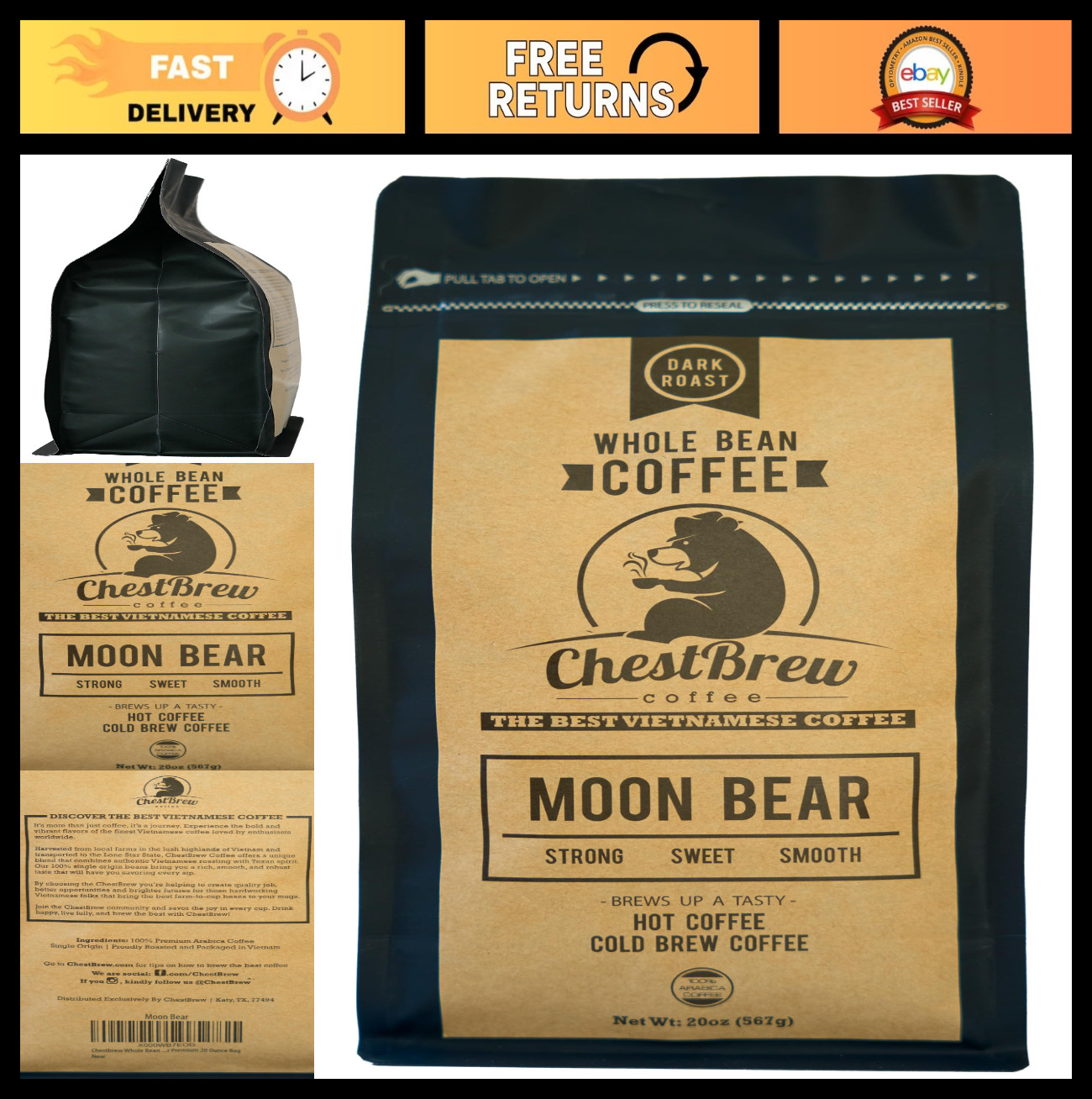 Strong Smooth Vietnamese Whole Bean Coffee – 20 oz, Fresh Roasted, Rich Flavor