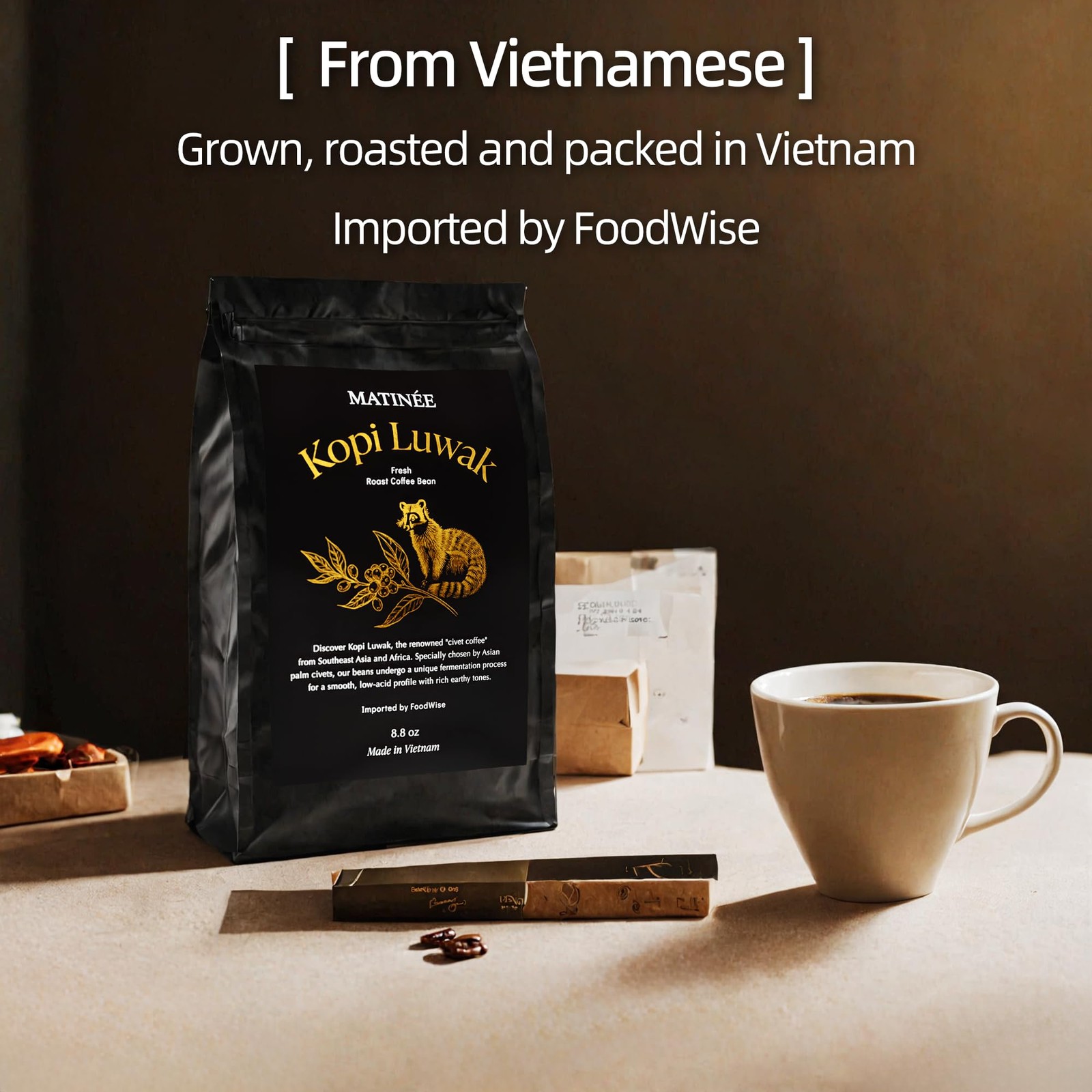 Sustainable Wild Kopi Luwak Coffee Beans, Medium Roast, 8.8oz / 250g