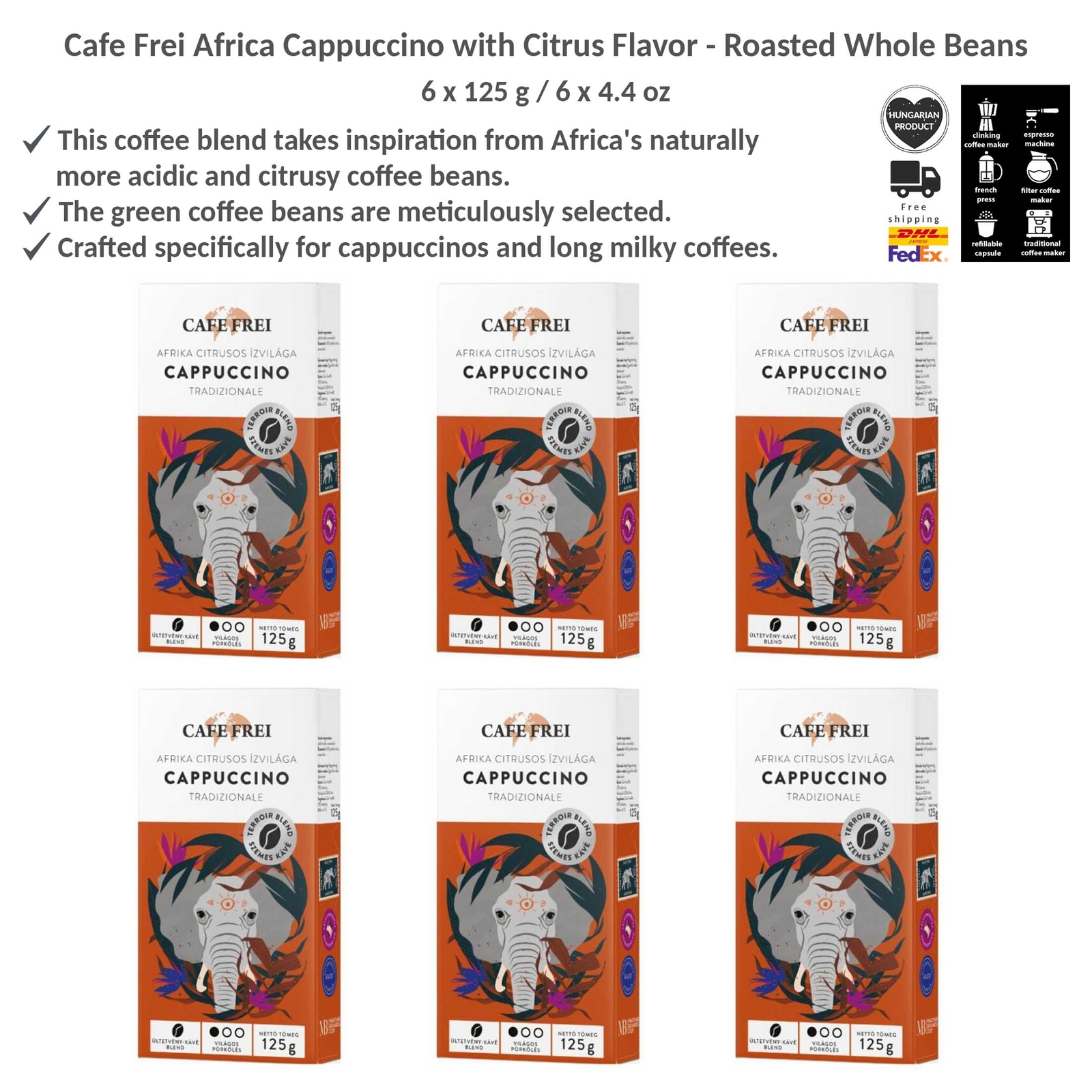 Cafe Frei Citrus Cappuccino Flavored Coffee Roasted 100% Arabica Beans 125gx6
