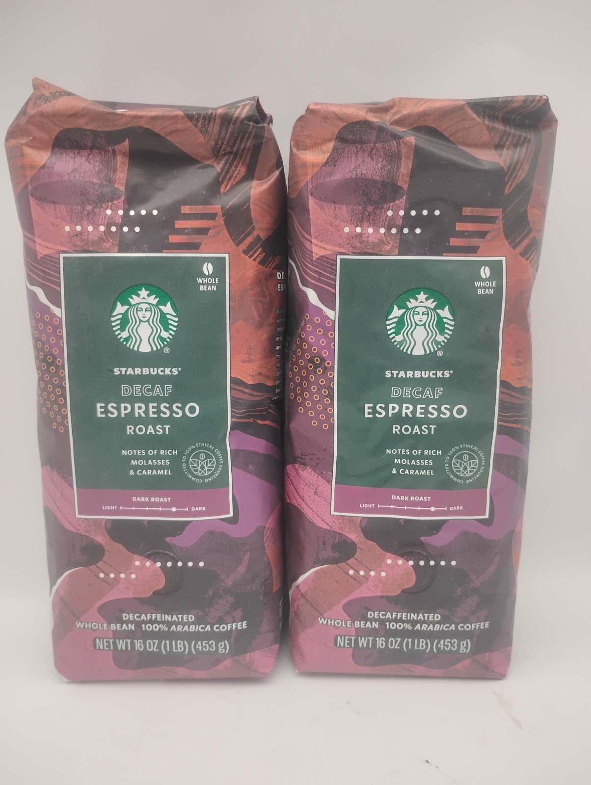 Starbucks Decaf Espresso Dark Roast Whole Bean Coffee 2-1lb / 16oz Bags