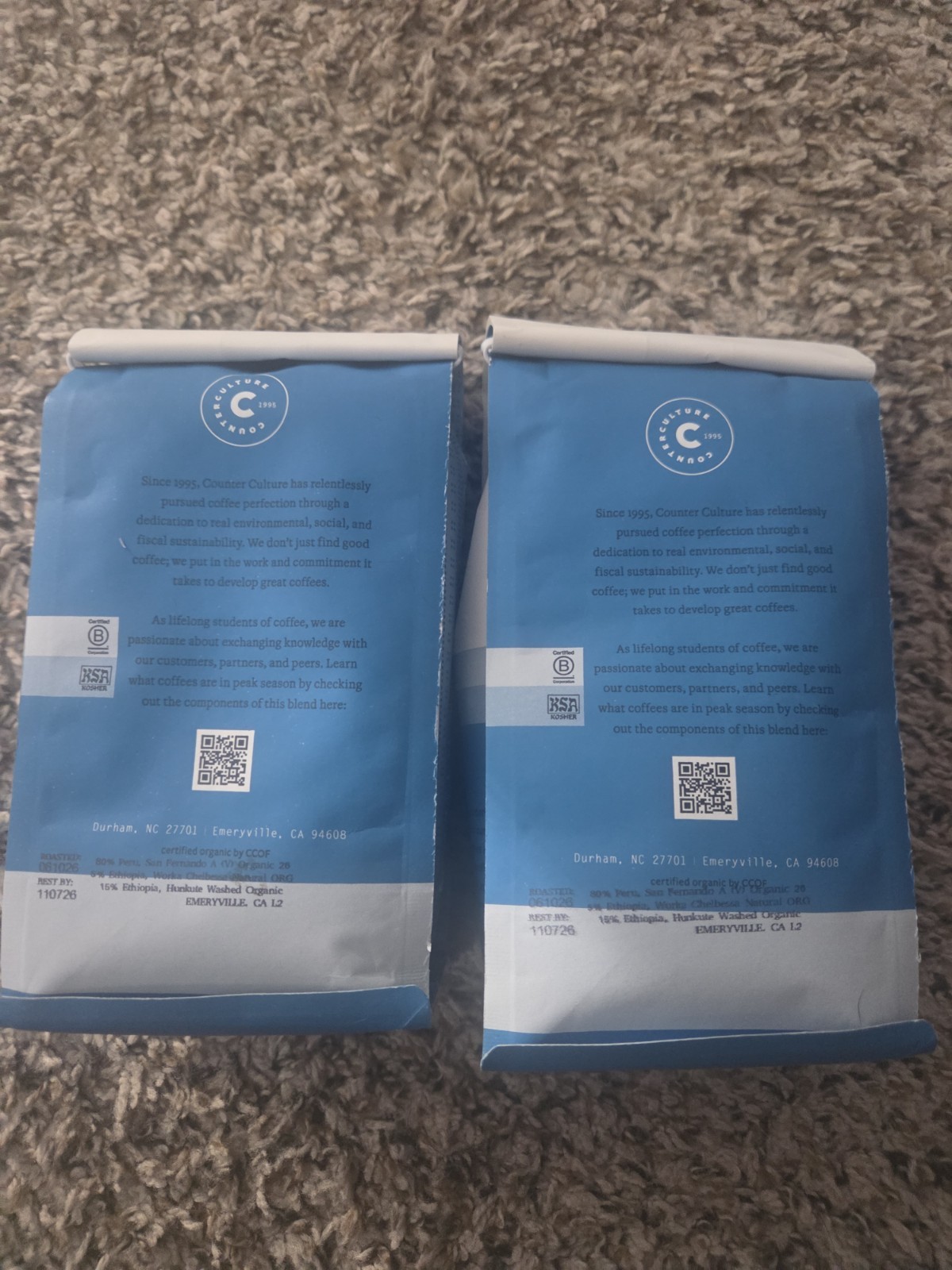 2x 12 oz Counter Culture Coffee Forty-Six Dark Roast Organic Whole Bean 11/26