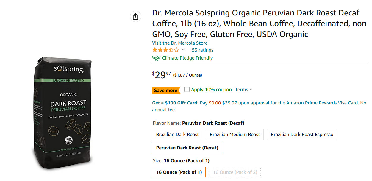 Solspring Organic Peruvian Dark Roast Coffee, 16 oz Decaf Whole Bean Qty 12