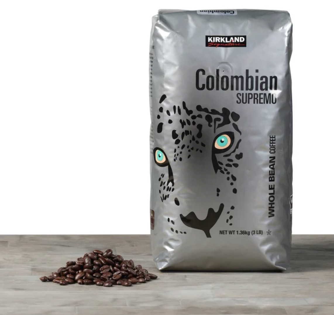 Kirkland Signature Colombian Supremo Coffee, Whole Bean, 3 lbs Medium Roast.