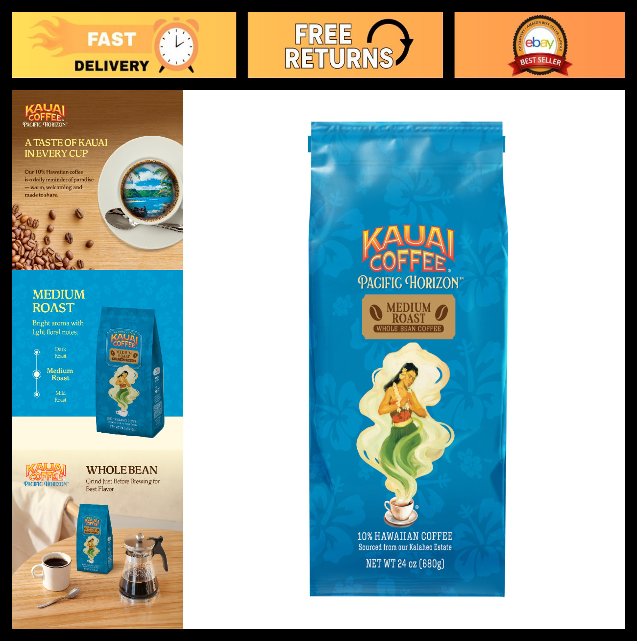 Medium Roast Whole Bean Coffee – Koloa Estate, 24 oz – Fresh Gourmet Brew