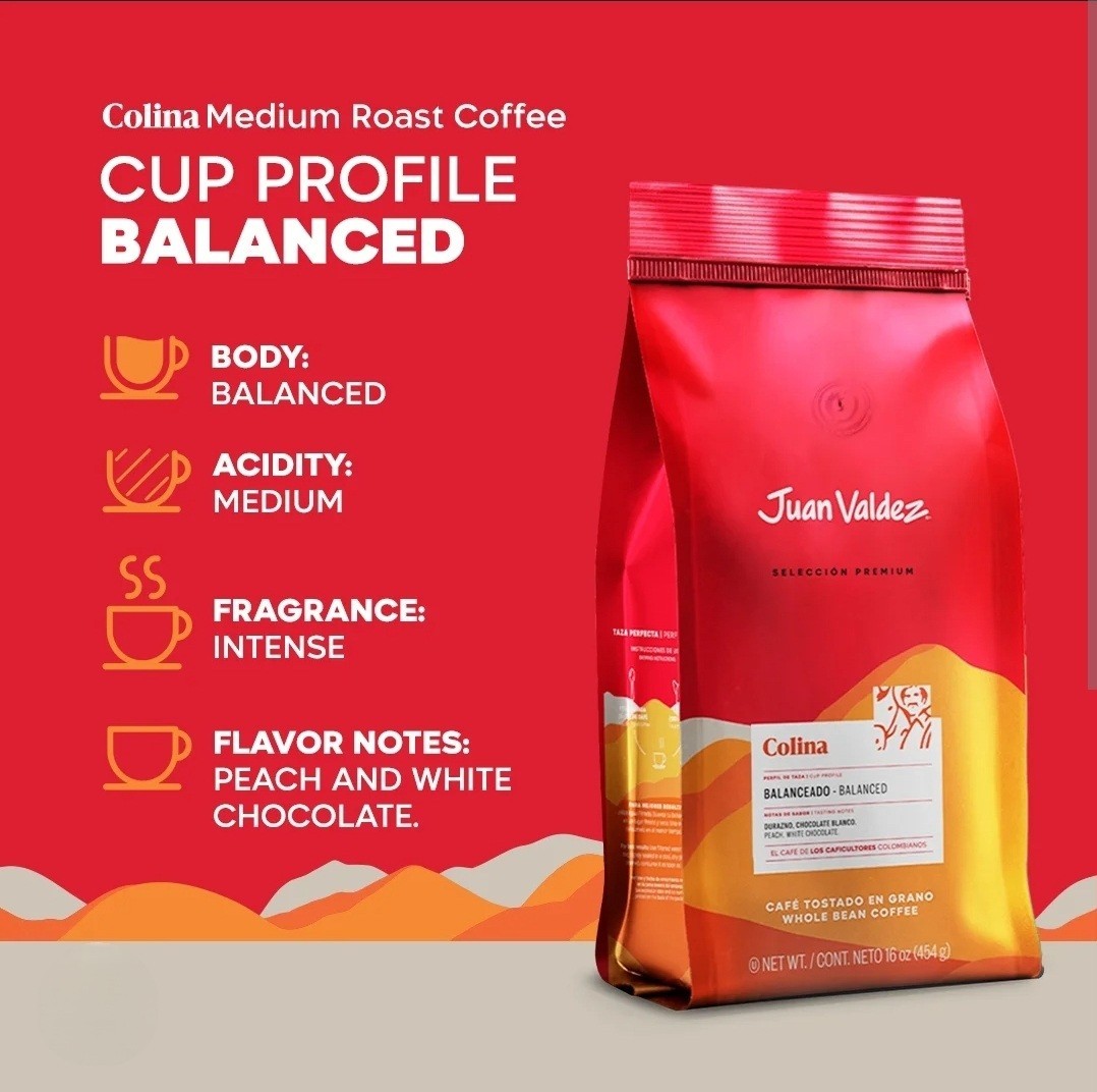 Juan Valdez Colina Whole Bean Coffee Balanced Roast 16 OZ each 2 PACK