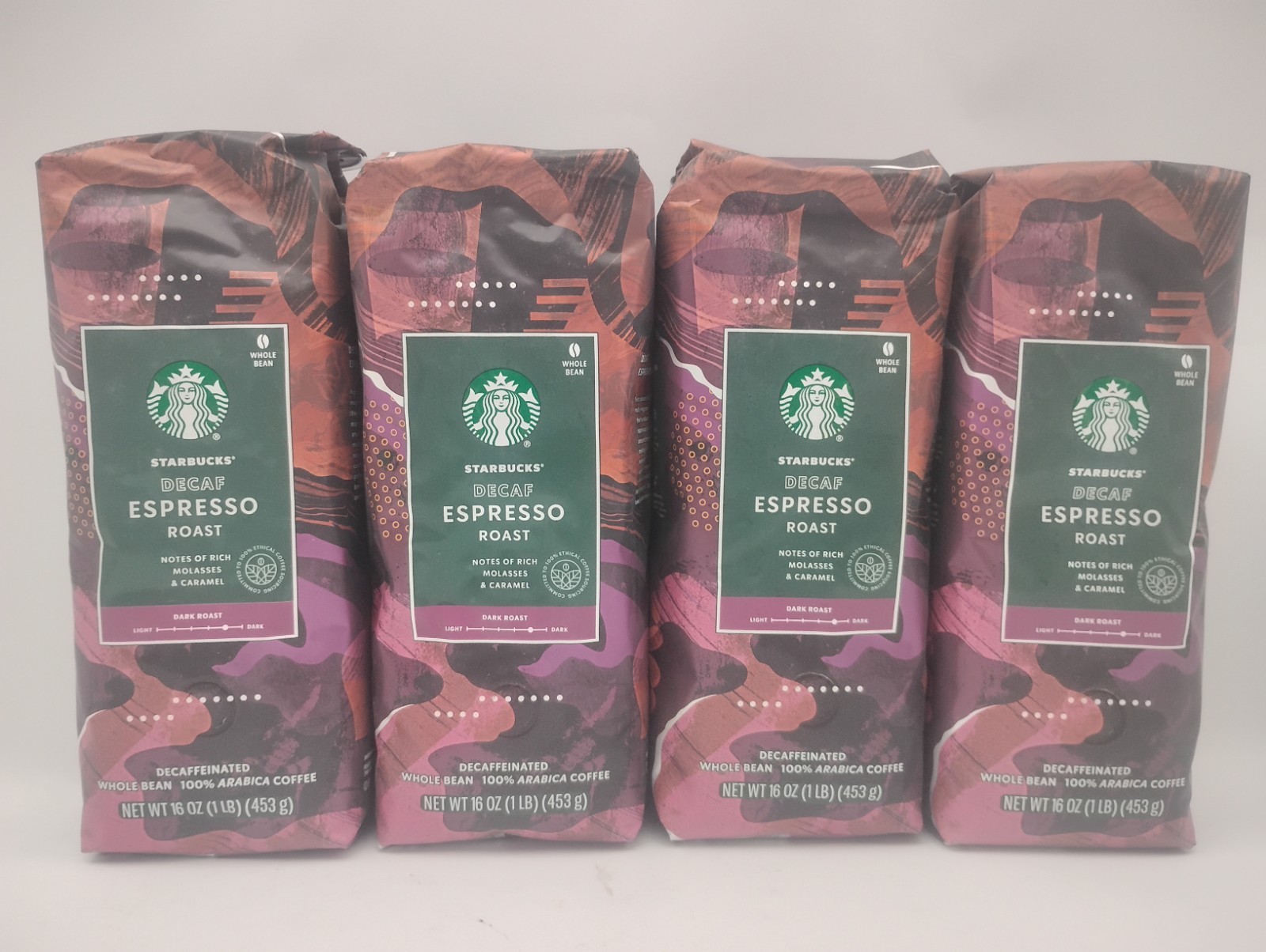 Starbucks Decaf Espresso Dark Roast Whole Bean Coffee 4-1lb / 16oz Bags