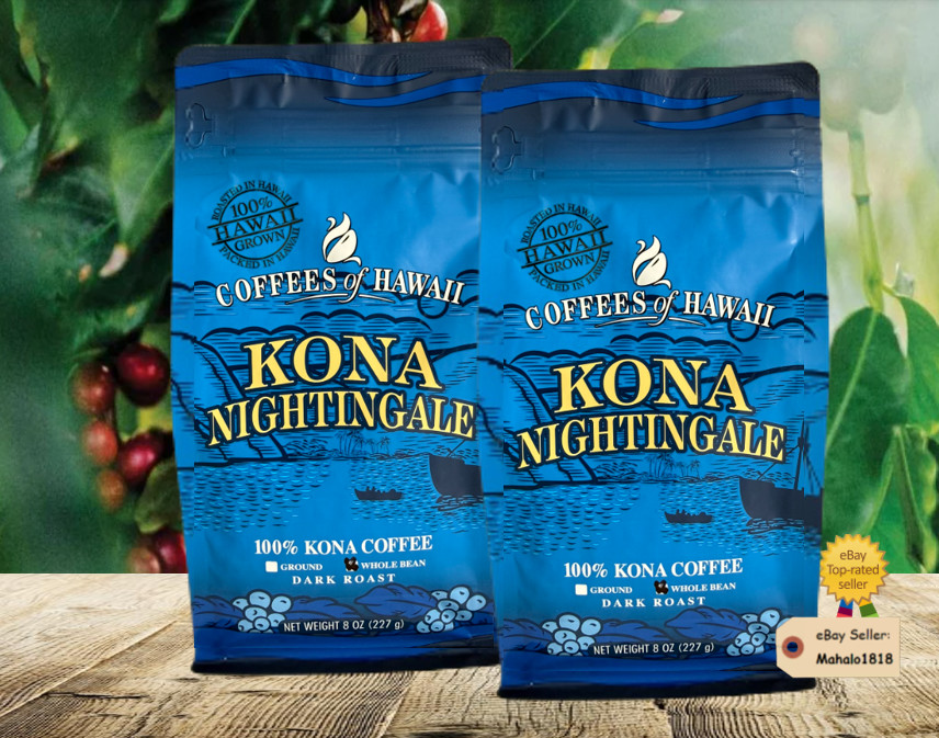 🌺100% Kona Coffee Whole Bean Coffees of Hawaii-Kona Nightingale 8 oz (2 bag)