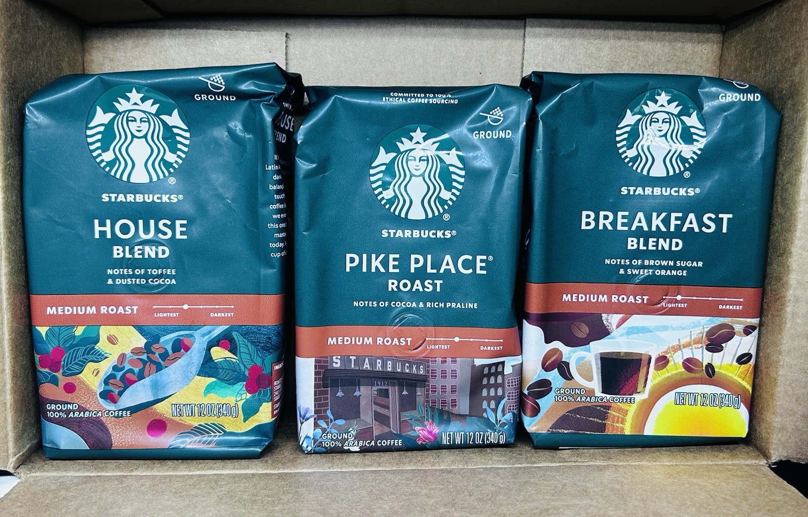 Starbucks Coffee Whole Bean 3-PACK Pike Place Breakfast Blend House Blend 12 Oz