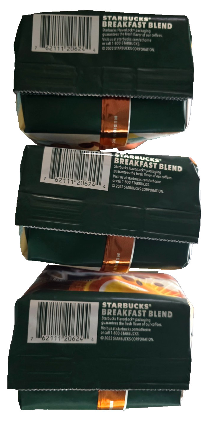 Starbucks Whole Bean Med Roast Coffee Breakfast Blend 3/12oz Bags