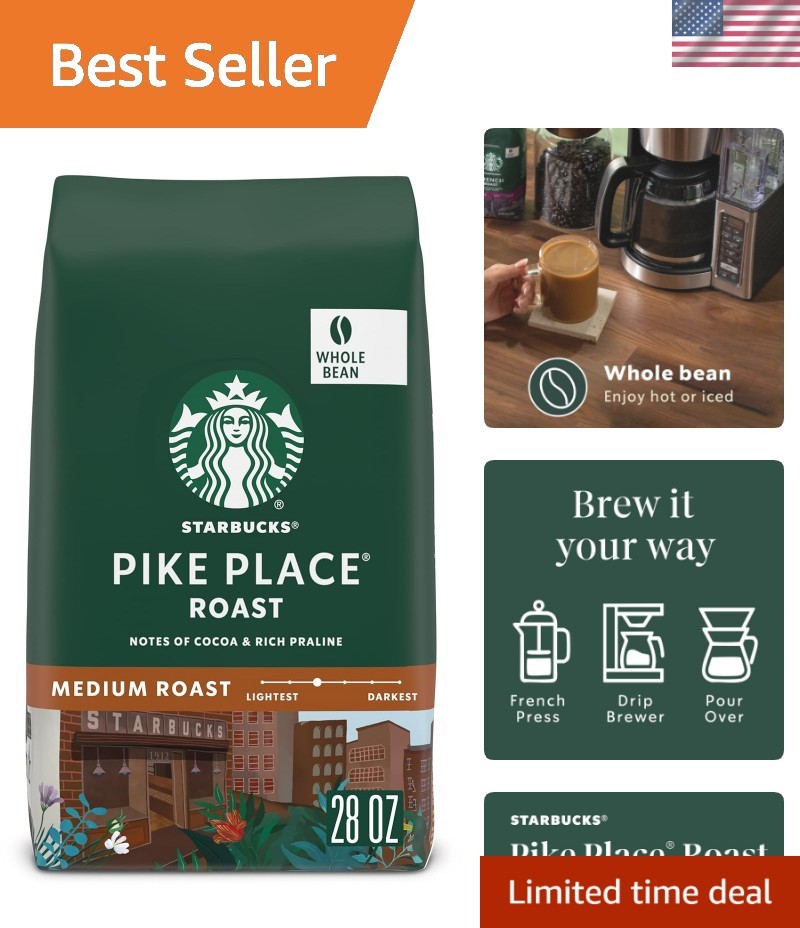 28 oz Starbucks Pike Place Whole Coffee Beans – Smooth Medium Roast with Cocoa