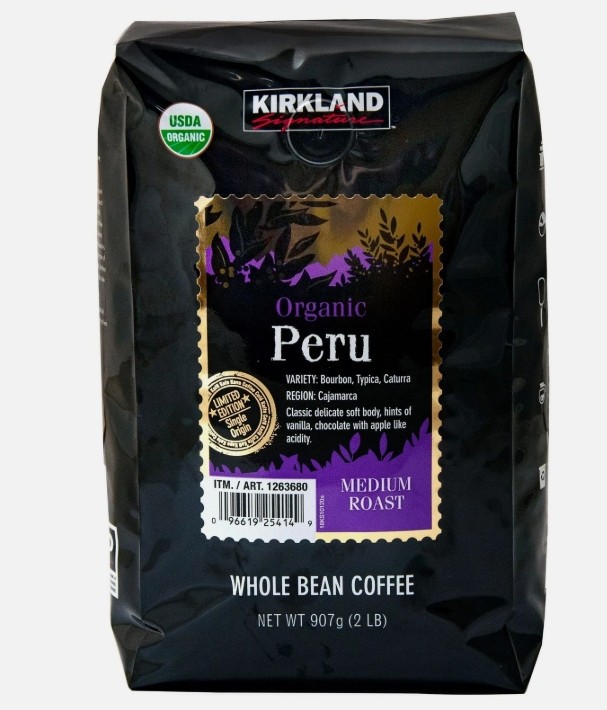 Kirkland Signature Organic Peru Whole Bean Coffee 2 lb Medium Roast USDA Organic