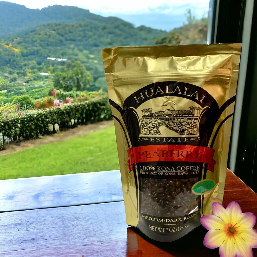 100% KONA PEABERRY COFFEE Hualalai Estate WHOLE BEAN 7oz PESTICIDE FREE