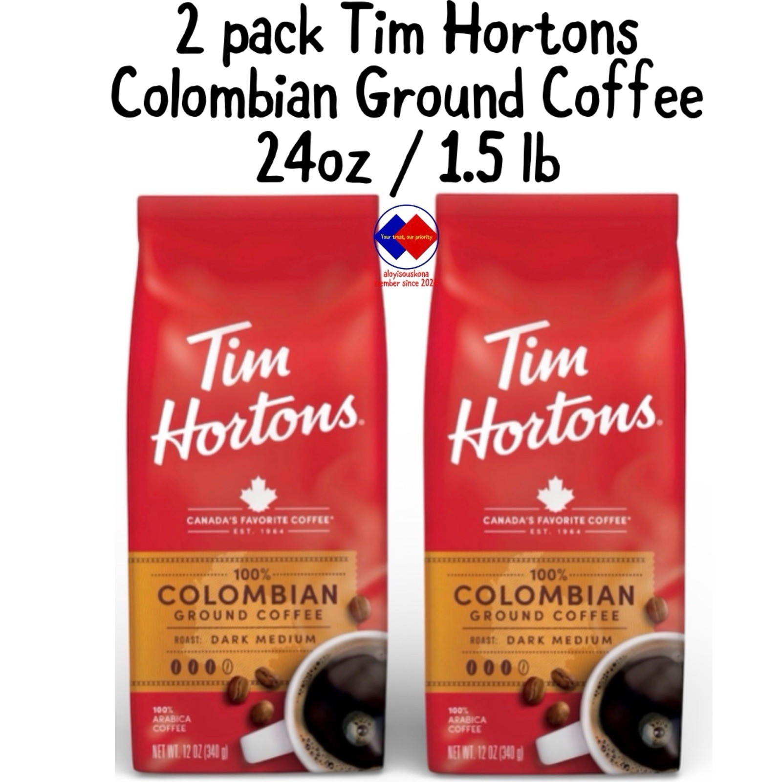 Tim Hortons Colombian Ground Coffee Dark Medium Roast 100% Arabica Coffee 2 Pack