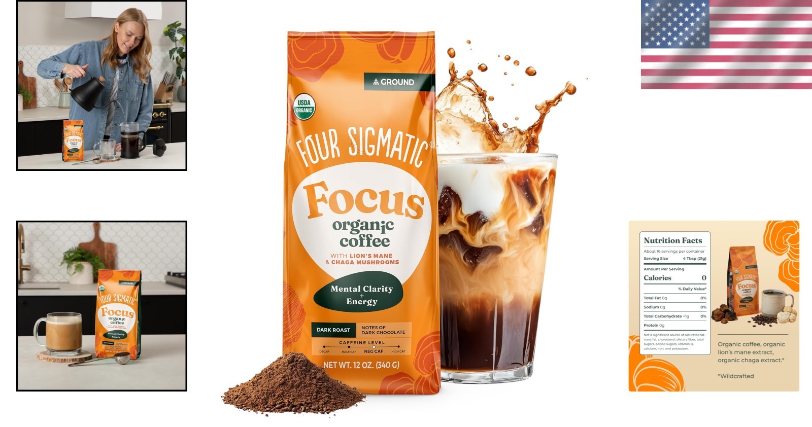 Organic Mushroom Coffee Dark Roast Lion’s Mane Chaga 12oz Ground