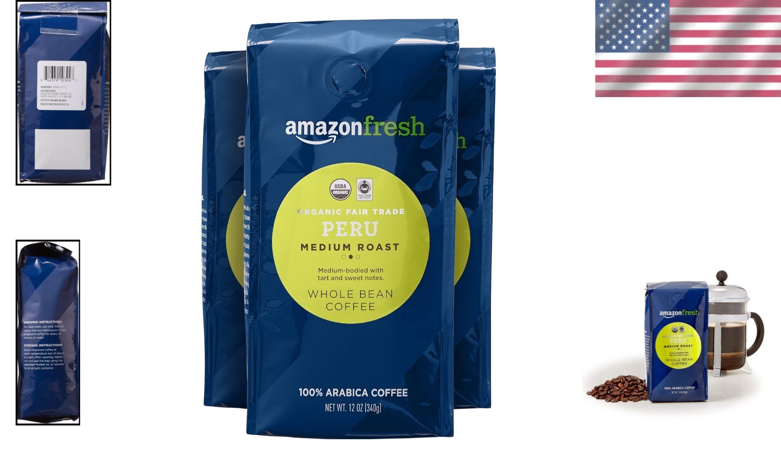 Organic Fair Trade Peru Whole Bean Coffee, Medium Roast – 12oz Pack of 3