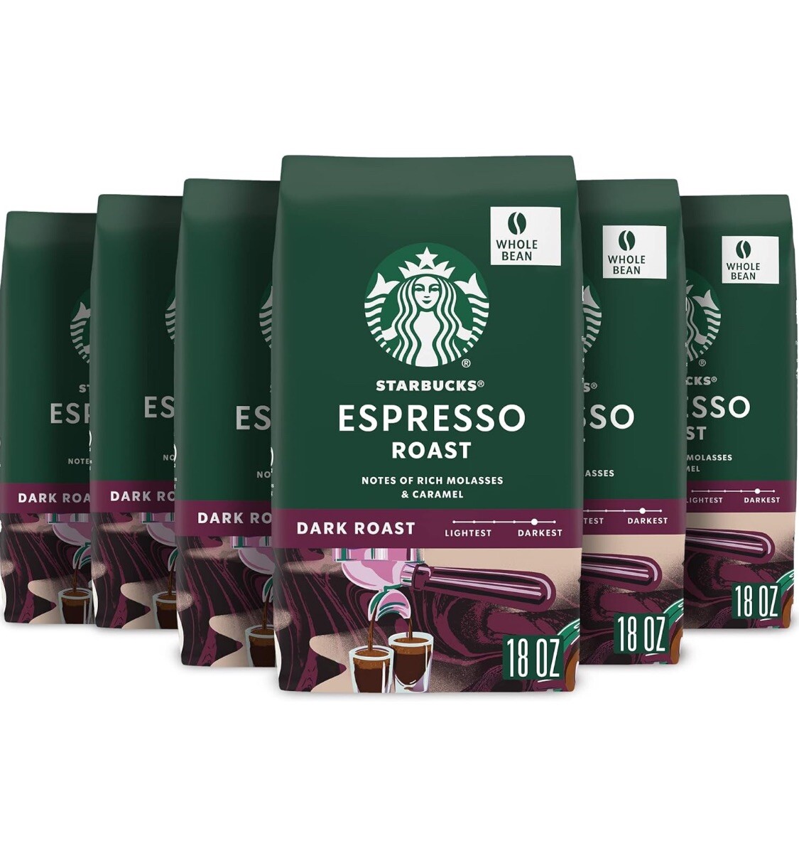 (12) Large Starbucks Espresso Roast Dark Whole Bean Coffee 18oz – 12 Bags -216oz