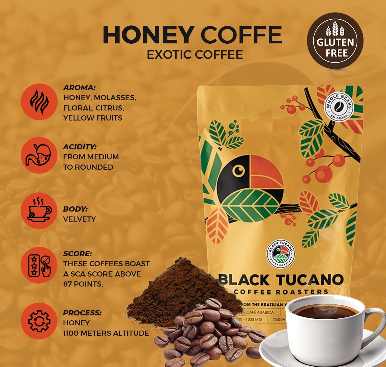 8.8oz 250g Specialty Brazilian Whole Bean Medium Roast Honey Coffee Origin