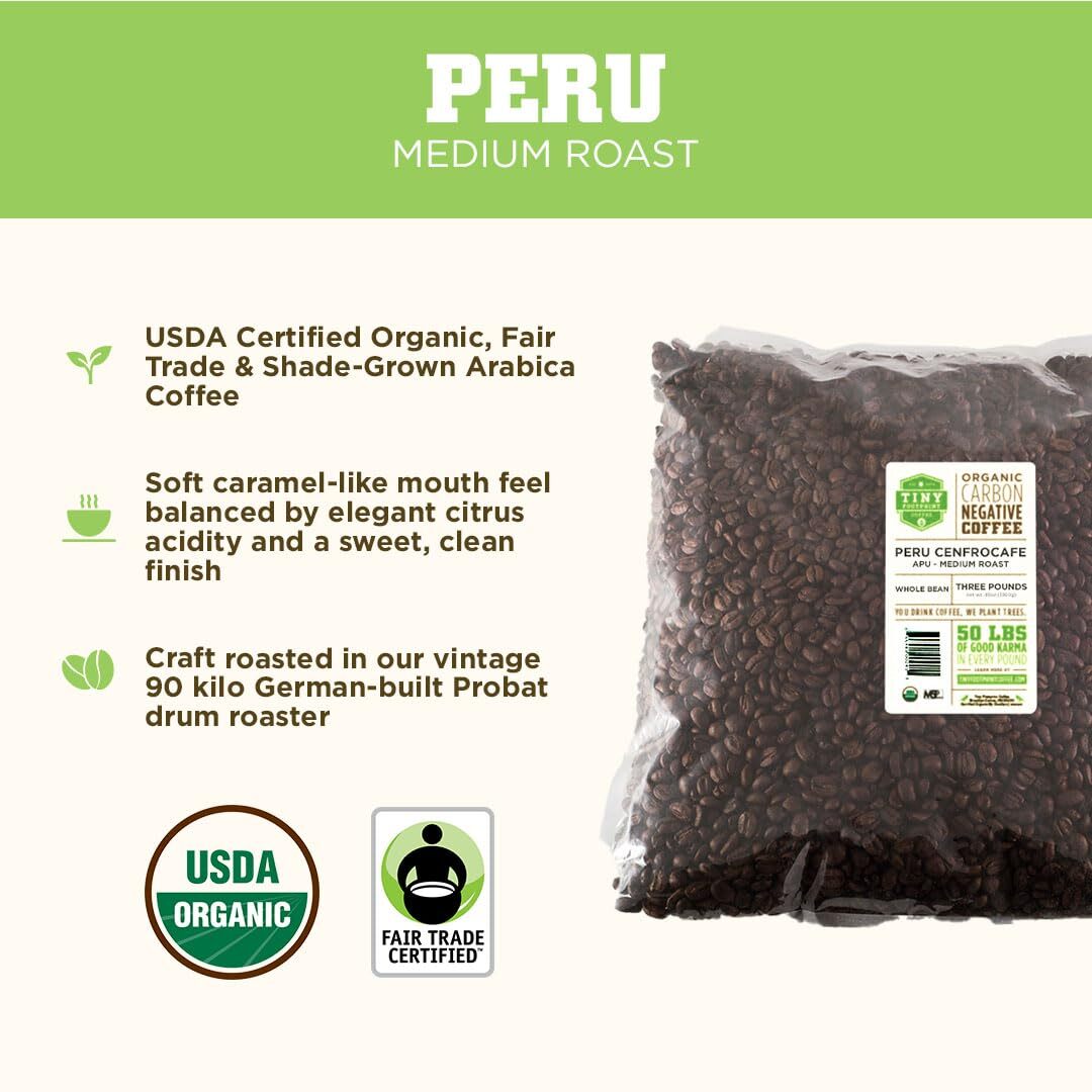 Tiny Footprint Coffee Peru Medium Roast Organic Whole Bean 3 Pounds