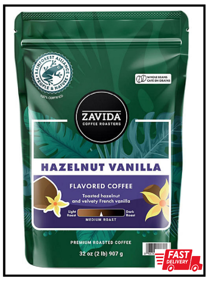 2 PACK – Zavida Coffee Whole Bean Coffee Hazelnut Vanilla 32 oz (Total 64 oz)
