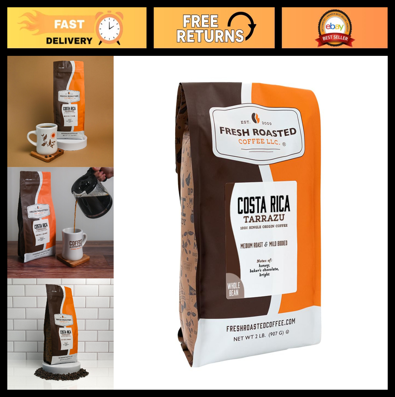 Fresh Roasted Costa Rican Tarrazu Whole Bean Coffee – Medium Roast, Kosher, 2 lb