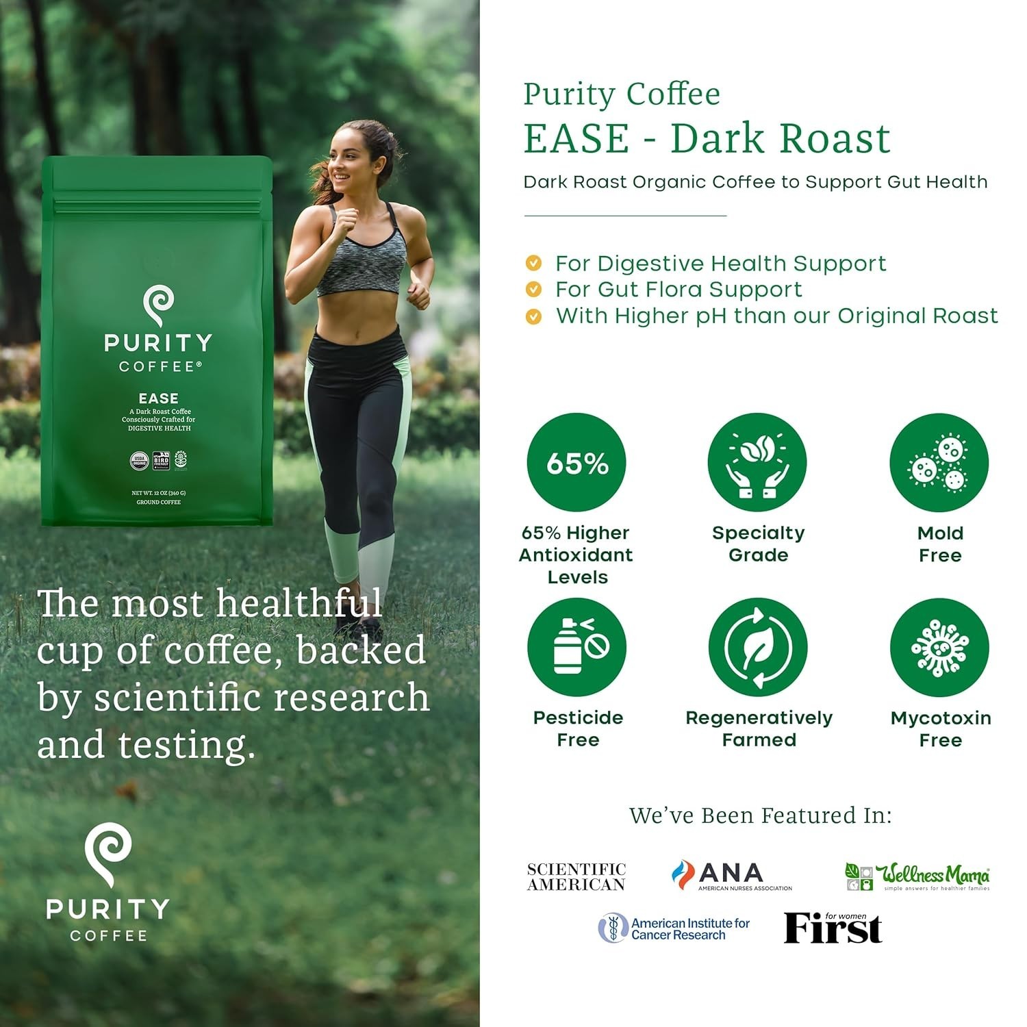 Purity Coffee EASE Low Acid Dark Roast Ground Coffee 12oz USDA Organic Arabica