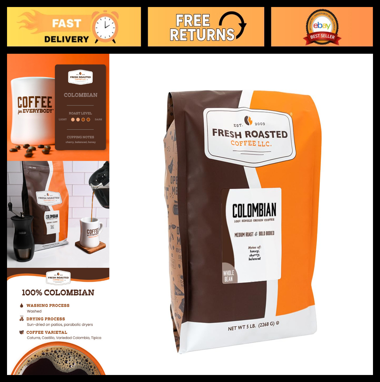 100% Colombian Whole Bean Coffee, Fresh Roasted Medium Roast, Kosher, 5 lb