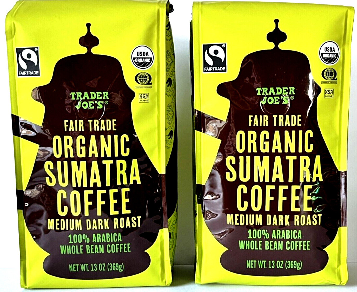 2 X Trader Joe’s Fair Trade Organic Sumatra Whole Bean Coffee 13 oz each