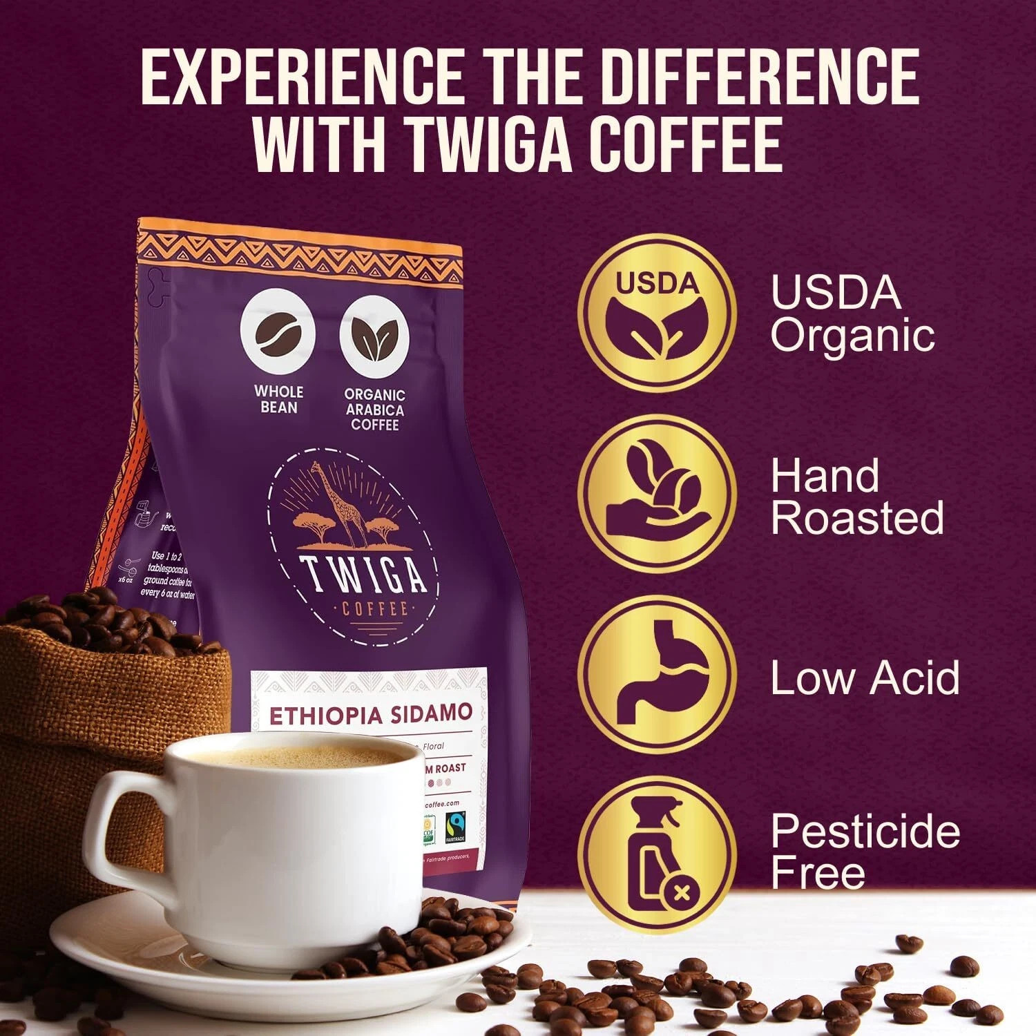 Twiga Ethiopian Yirgacheffe Coffee Beans – Organic Medium – Best By 06/20/2026