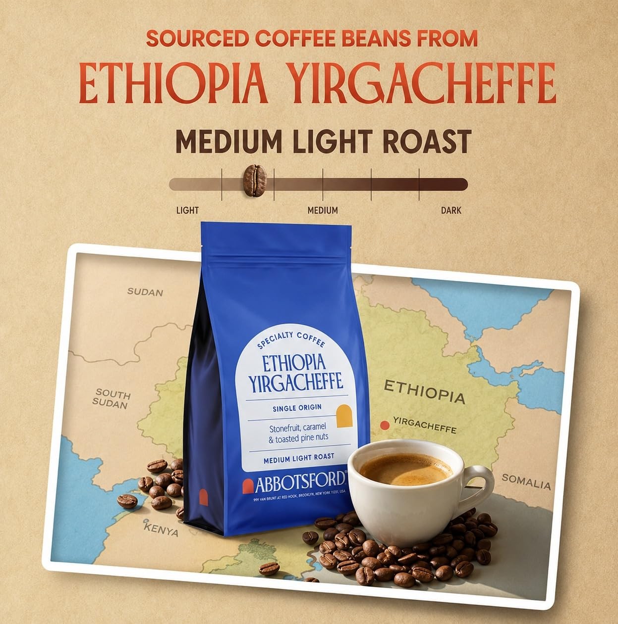 Ethiopian Coffee Beans Medium Light Roast Single Origin Whole Bean 12oz Bag